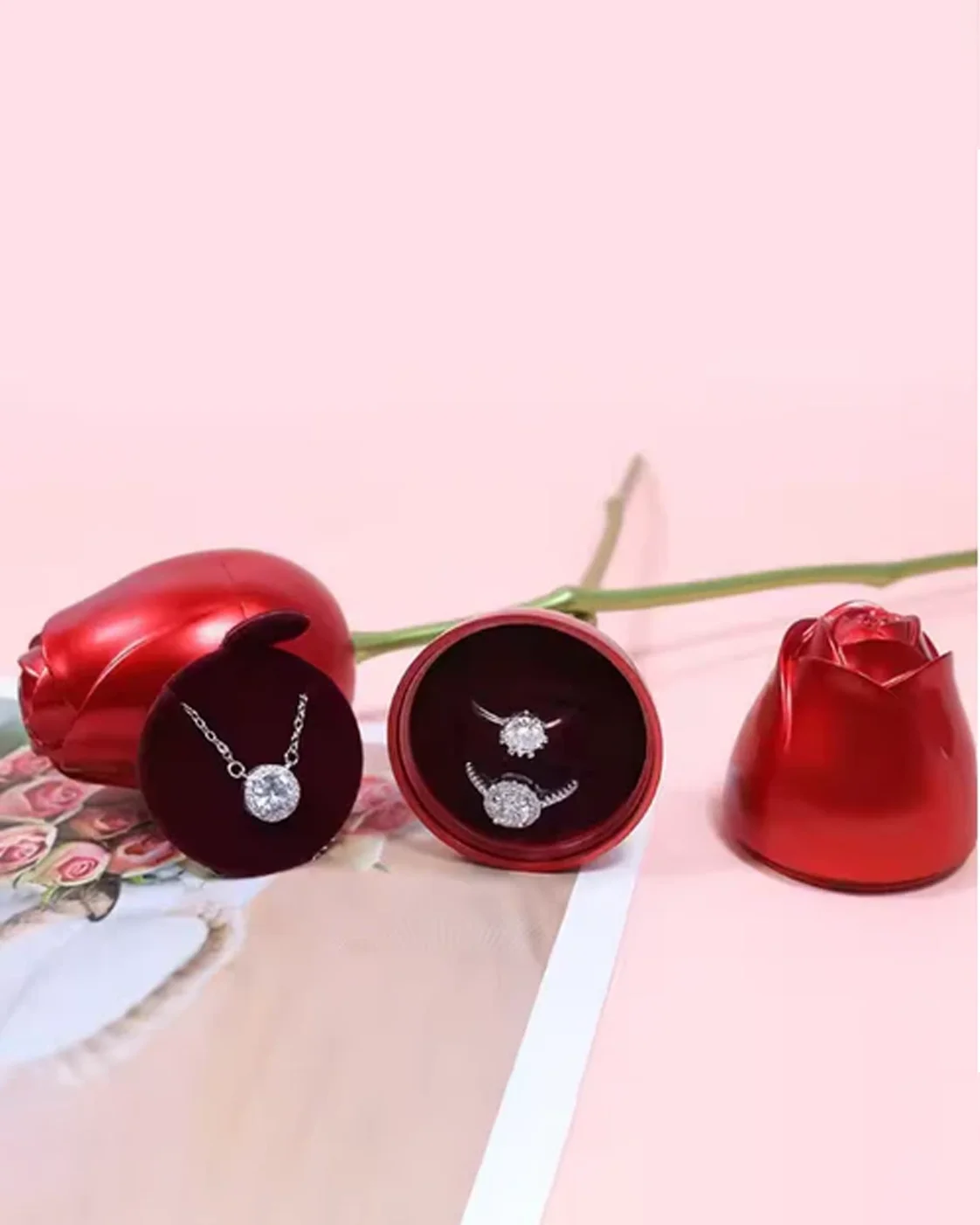 Red Rose Flower Ring Box Metal